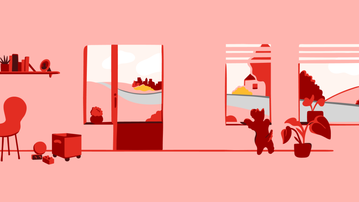 Illustration of a livingroom. Plants, furnitures and a window with a view to the road is visible.