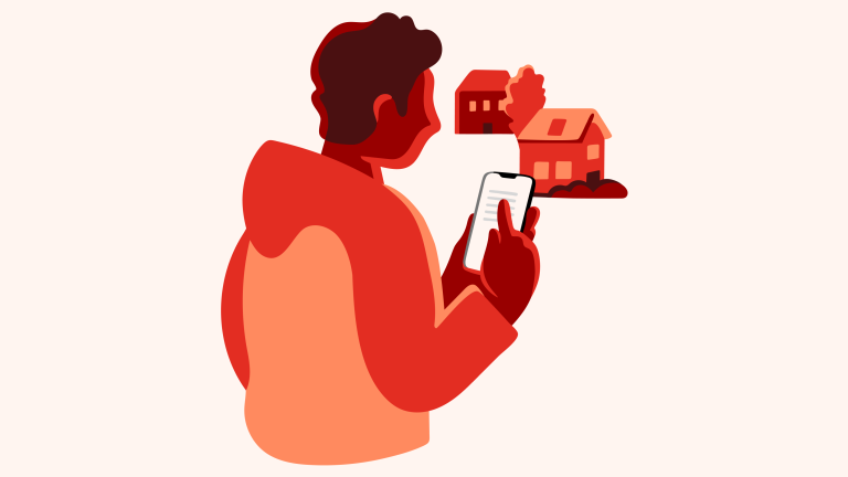 Illustrasjon av ein ung mann med ein mobil utanfor to hus