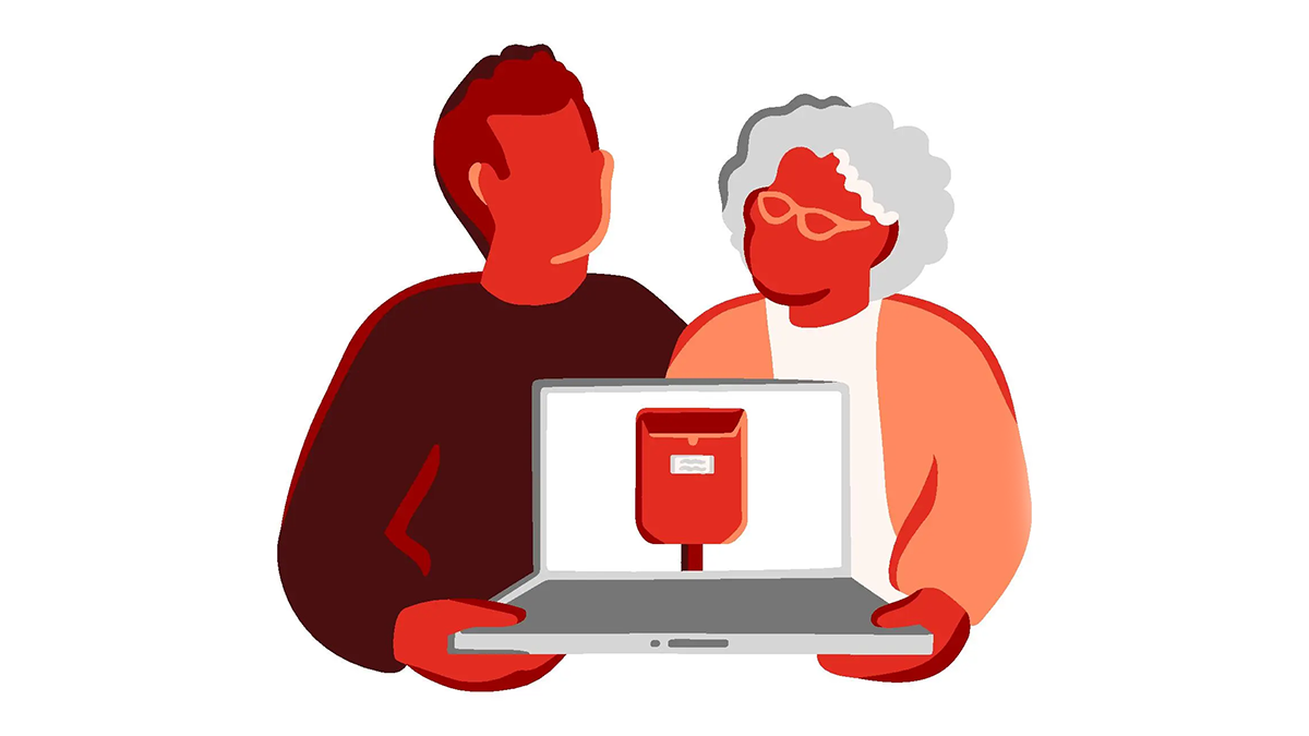 Illustrasjon av en mann og en eldre dame som holder en laptop sammen